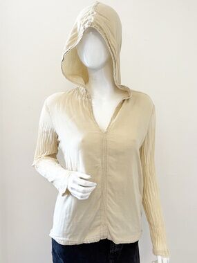 Vintage Da-Nang Pleated Plisse Long Sleeve Lightweight Hoodie Top in Beige